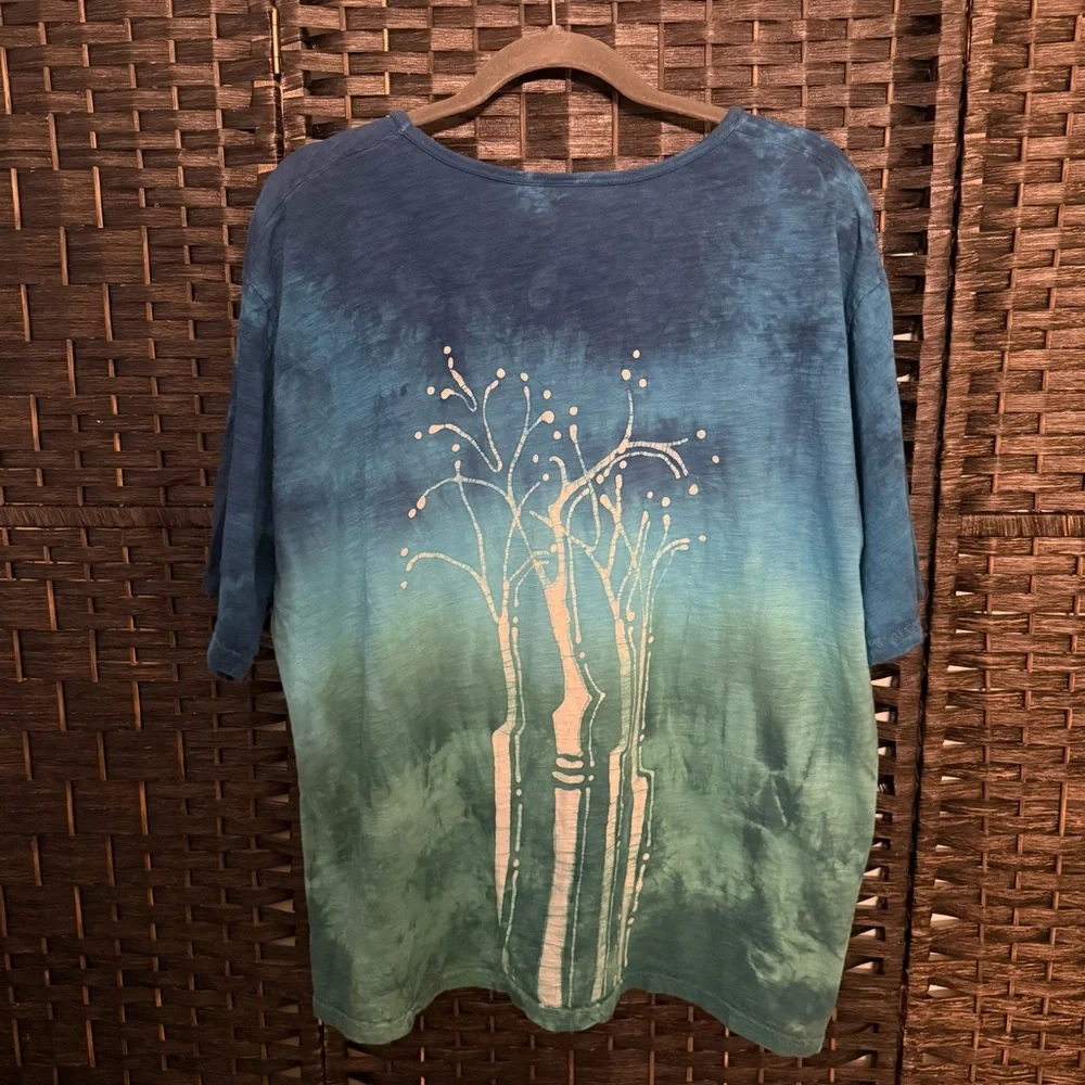 🌿 Grebe Batik Bamboo Tree Tie Dye Top XL Blue Green Artsy Cotton Handmade - Picture 5 of 9